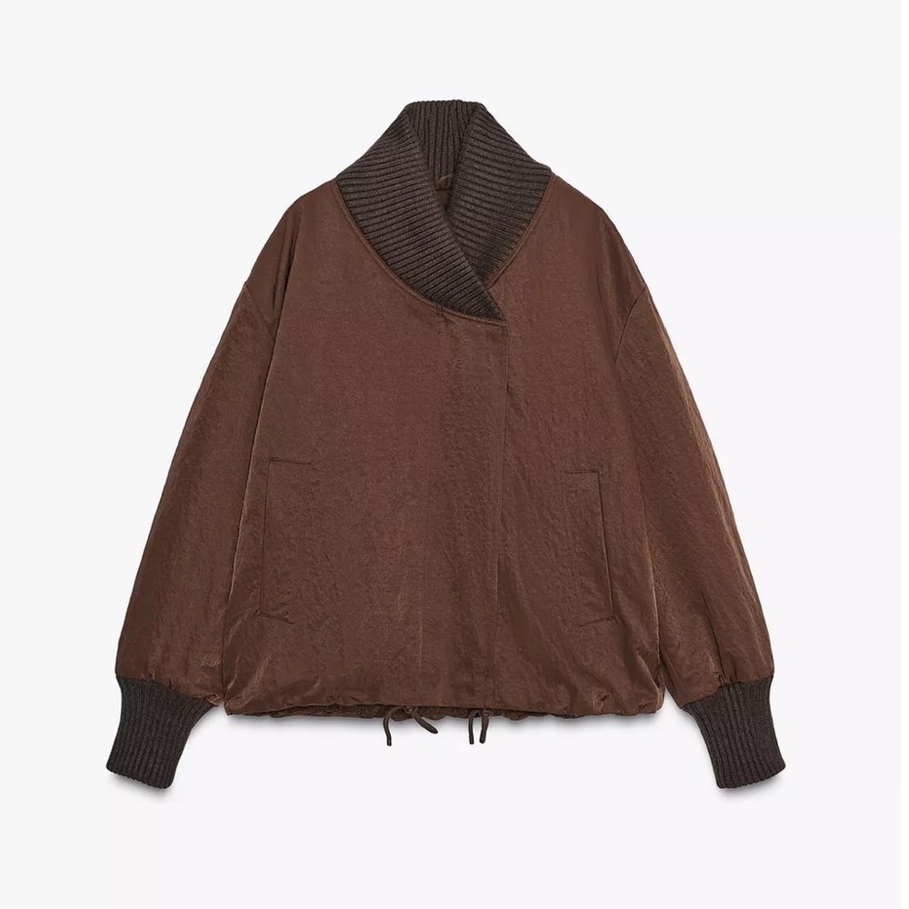 NWT Zara Ribbed Trim Jacket Sz:L Brown - Picture 3 of 8